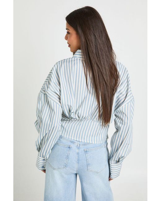 Boohoo Blue Cinched Stripe Shirt