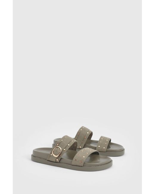 Boohoo Green Faux Suede Stud Double Strap Sliders