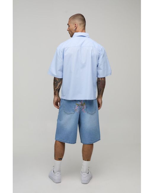 BoohooMAN Blue Baggy Rigid Floral Embroidered Denim Shorts for men