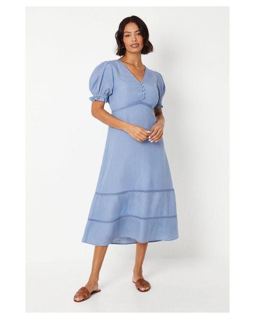 Dorothy Perkins Blue Broderie Trim Button Front Midi Dress