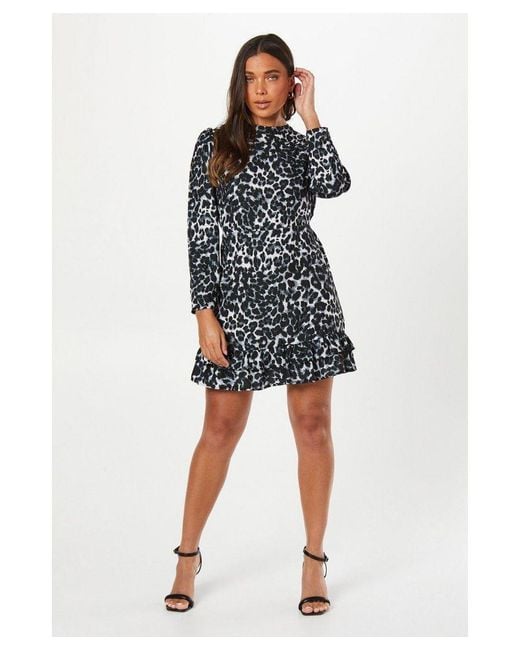 Dorothy Perkins Petite Mono Leopard Frill Hem Mini Dress in Black Lyst UK