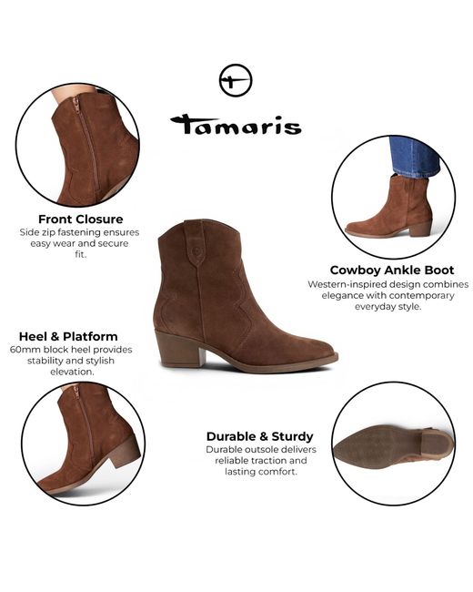 Tamaris Brown Suede Leather Cowboy Western Ankle Boots