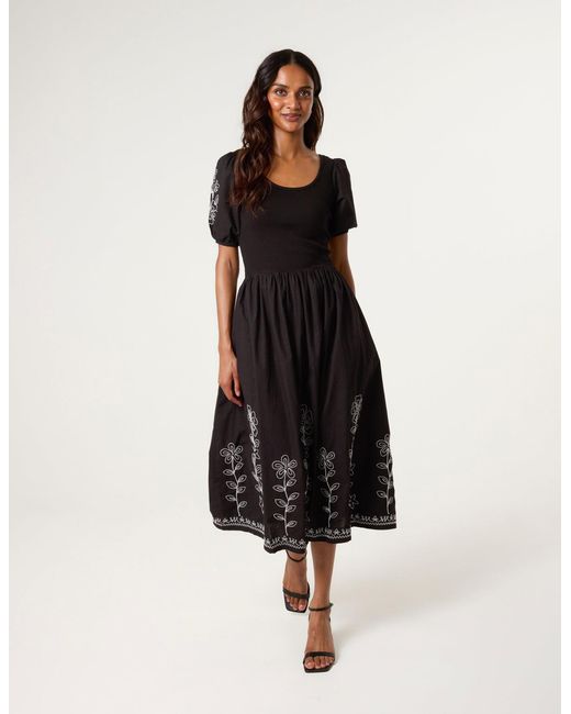 Blue Vanilla Black Embroidered Puff Sleeve Midi Dress