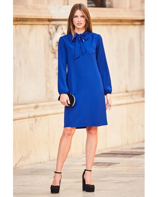 Sosandar Blue Cobalt Neck Tie Long Sleeve Shift Dress