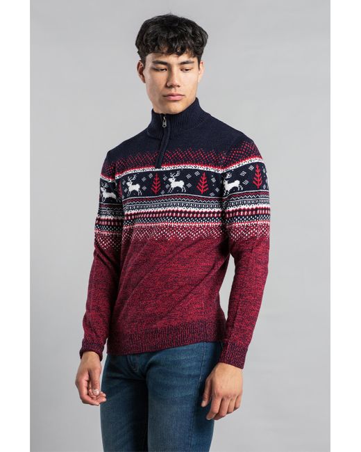 Tokyo Laundry Red Dark Festive 1/4 Zip Jacquard Knit Fairisle Jumper for men