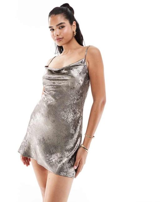 Miss Selfridge White Metallic Cowl Neck Mini Slip Dress