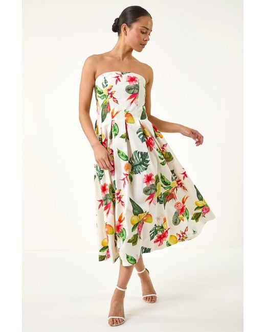 Roman White Petite Tropical Print Strap Midi Dress