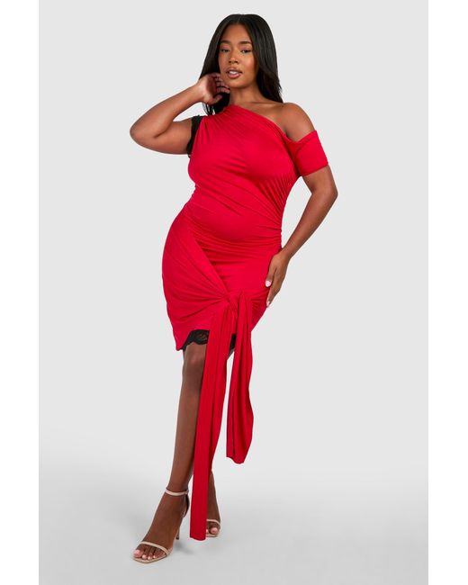 Boohoo Red Plus Lace Trim Off The Shoulder Tie Mini Dress