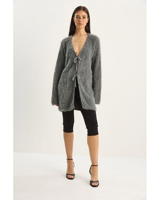 Bianco Lucci Gray Textured V-Neck Midi Cardigan With Tie Closure