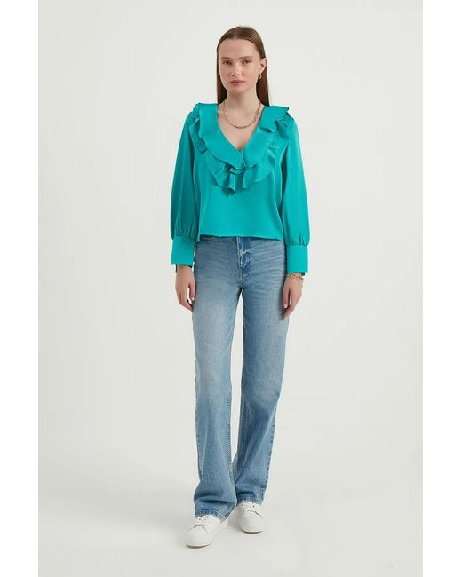Hiccup Blue V Neck Satin Ruffled Retro Blouse