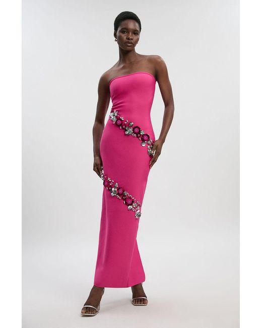 Karen Millen Pink Embellished Figure Form Bandeau Maxi Dress