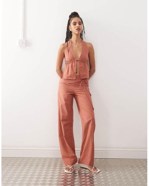 Motel Pink Cursa Sarong Overlay Bead Detail Linen Trousers