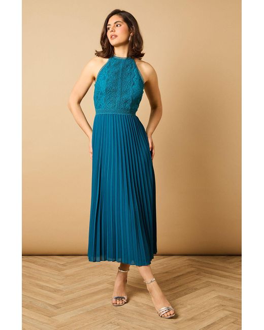 Oasis Blue Plain Lace Mix Halterneck Midi Dress