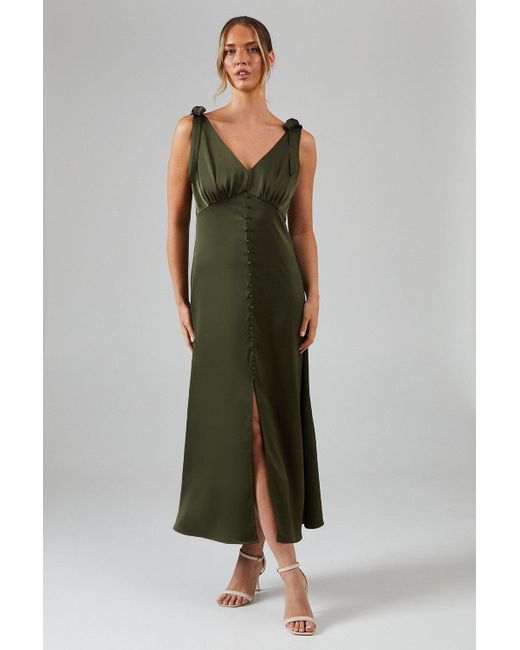 Oasis Green Satin Button Front Tie Shoulder Midi Bridesmaids Dress