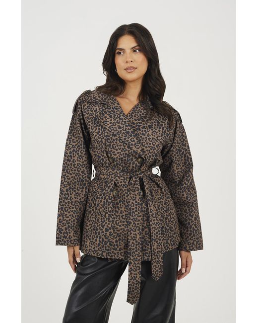 Brave Soul Brown Leopard Double Breasted Short Mac With Self Tie Belt