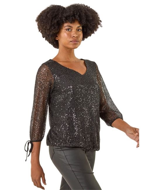Roman Gray Sequin Mesh Blouson Top