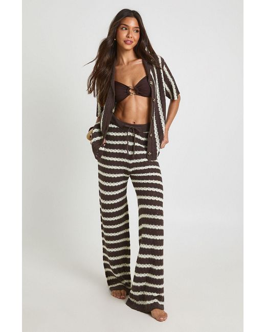 Boohoo Brown Chunky Stripe Crochet Oversized Shirt And Trouser Co-Ord