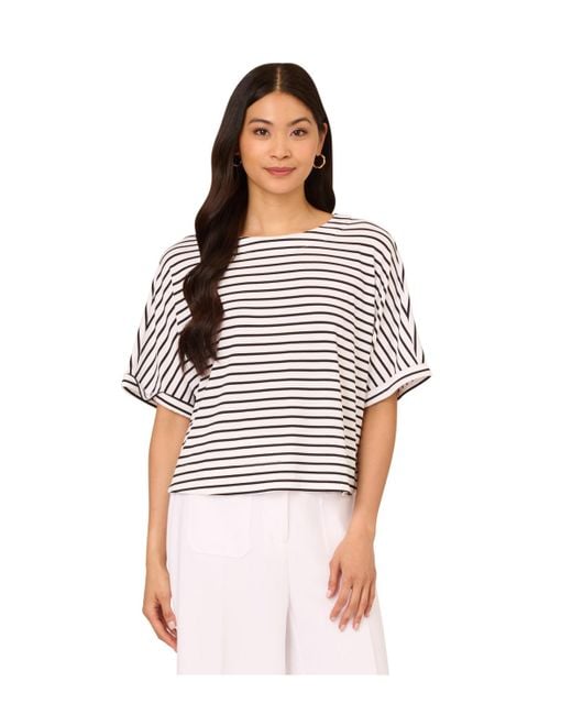 Adrianna Papell Red Printed Cropped Knit Dolman Roll Sleeve Top With Button Back