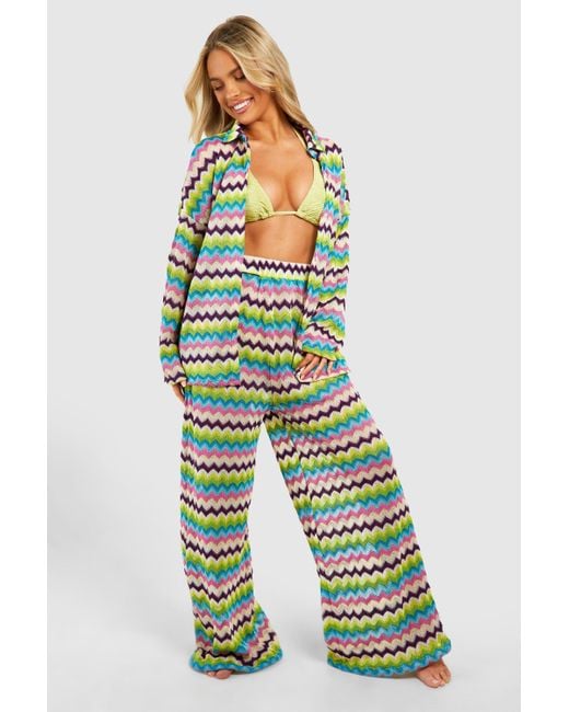 Boohoo Green Zig Zag Knitted Wide Leg Beach Trousers