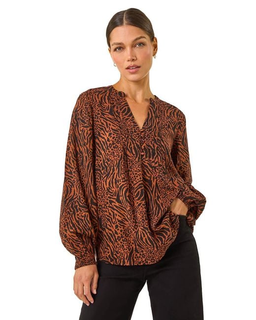 Roman Brown Animal Print Buttoned Pinktuck Top