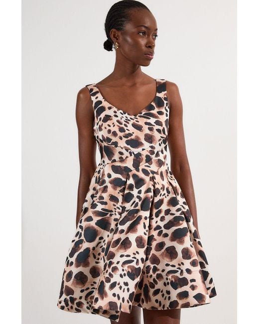 Karen Millen White Structured Viscose Satin Animal Print Tailored Prom Mini Dress