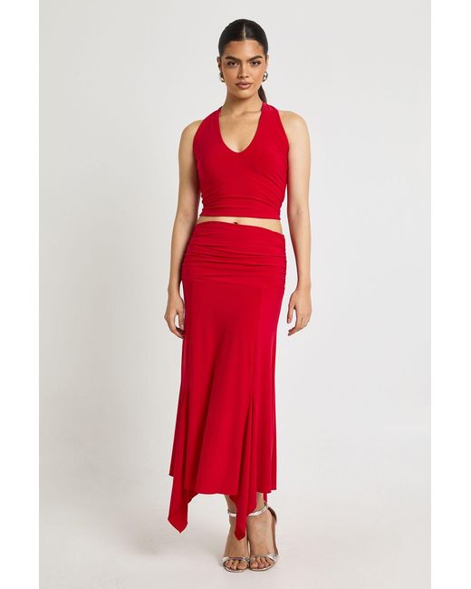 Boohoo Red Slinky Hanky Hem Midi Skirt