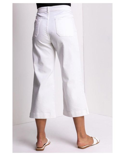 Roman White Wide Leg Cotton Jeans Stretch Denim Culottes Cropped Capri Pants