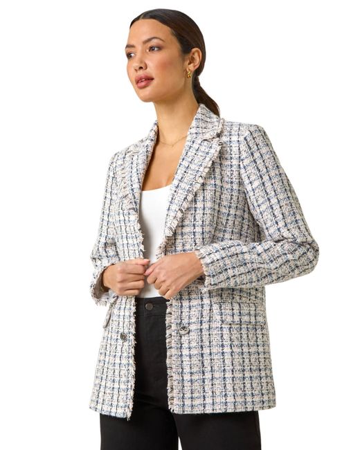 Roman Gray Check Frayed Edge Boucle Button Jacket