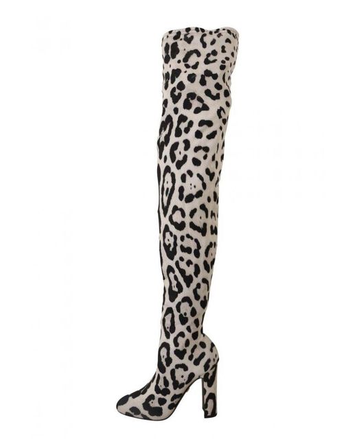 Dolce & Gabbana White Leopard Stretch Long Boots Polyamide
