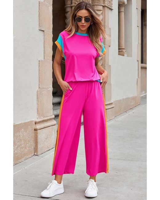 Azura Exchange Kleurblok Wijde Pantalon Set in het Pink