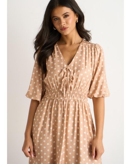 Gini London Natural Oatmeal Spot Print Shirred Waist Shift Midi Dress