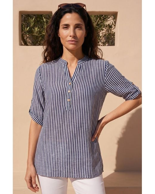 Roman Blue Classic Stripe Button Front Top
