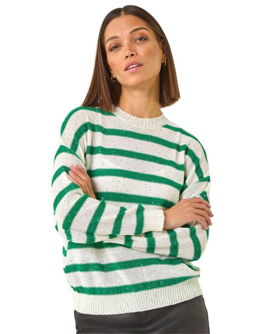 Roman Green Striped Sequin Knit Jumper