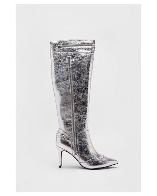 Warehouse White Leather Metallic Zip & Stud Pointed Toe Knee High Boots