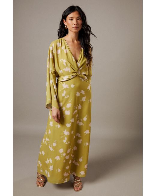 Warehouse Natural Chiffon Wrap Knot Front Maxi Dress