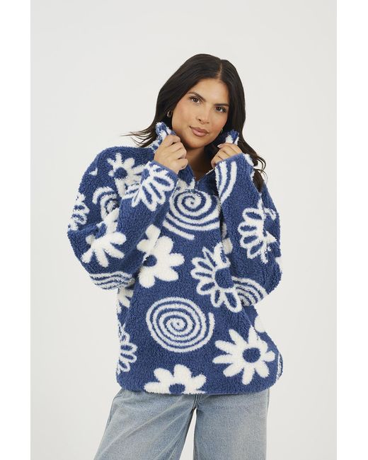 Brave Soul Blue Quarter Zip Flower Print Sherpa Fleece