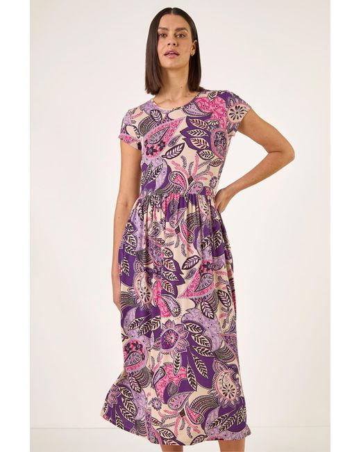 Roman Purple Paisley Print Short Sleeve Midi Dress
