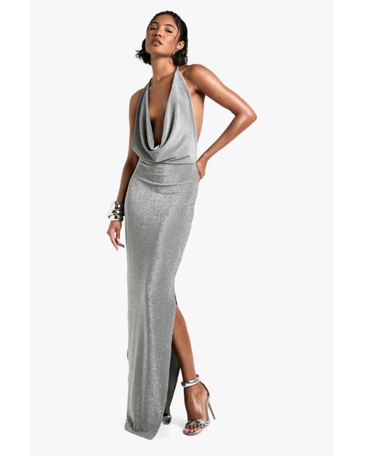 Boohoo Tall Cowl Glitter Maxi Dress in White | Lyst UK
