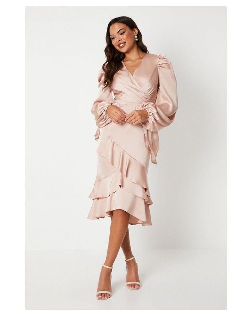 Coast White Ruffle Long Sleeve Satin Wrap Dress