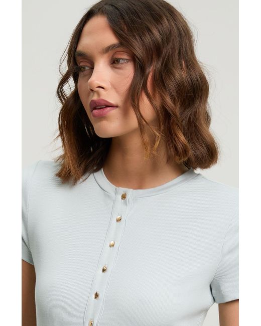 Karen Millen White Viscose Rib Button Up Crew Neck Tshirt