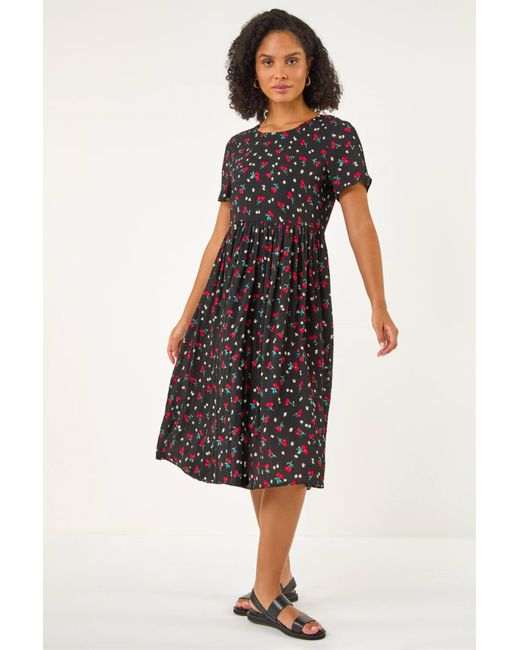 Roman Black Cherry Print Midi Smock Dress