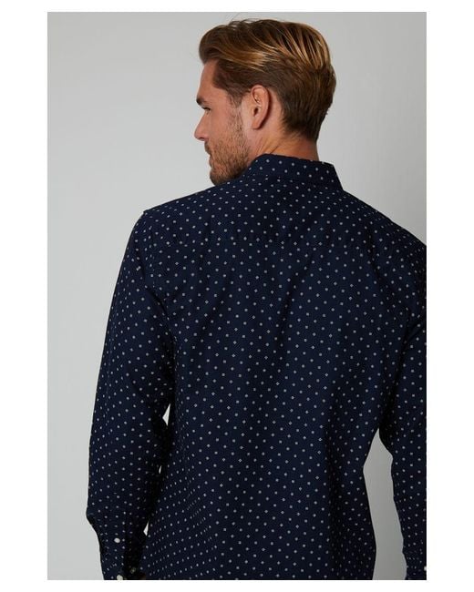 Threadbare Blue Navy 'leonhard' Geometric Print Long Sleeve Shirt Cotton for men