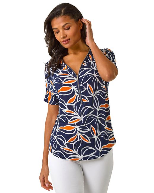 Roman Blue Textured Print Zip Detail Top