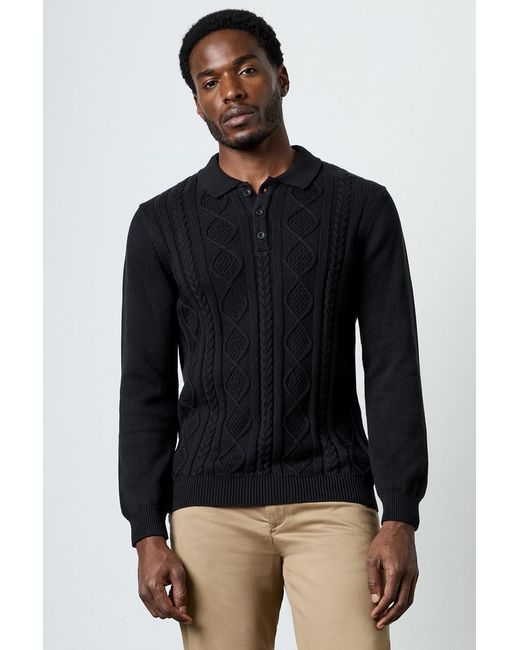 French Connection Blue Cotton Nylon Blend Cable Knit Long Sleeve Polo Jumper for men