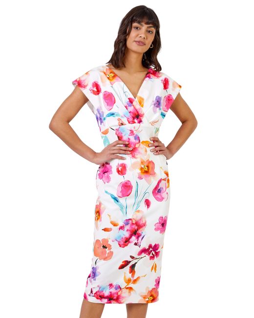 Roman White Floral Print Cross Front Midi Dress
