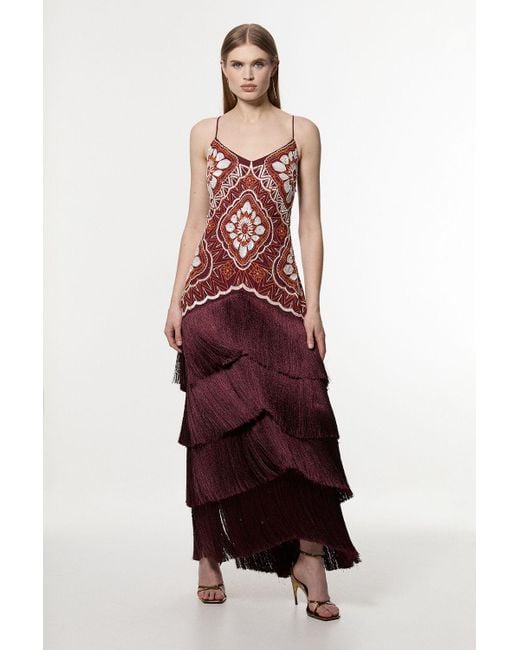 Karen Millen Red Embellished Fringe Strappy Woven Maxi Dress