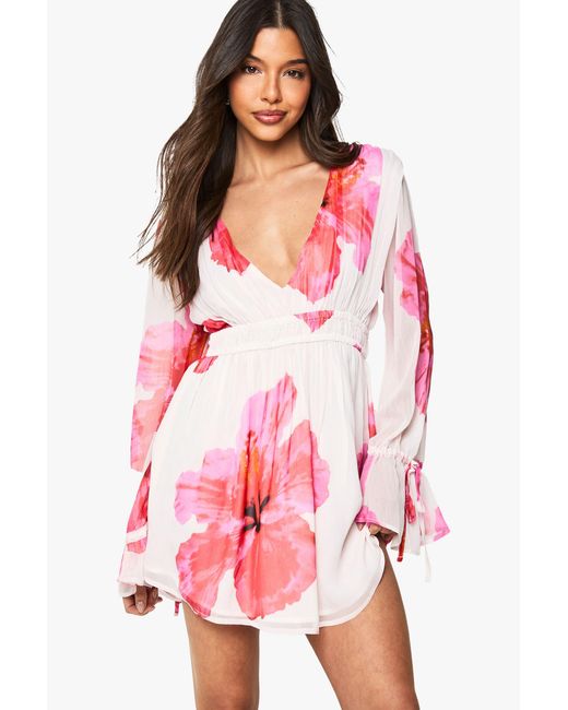 Boohoo Floral Chiffon Long Sleeved Shirred Mini Dress
