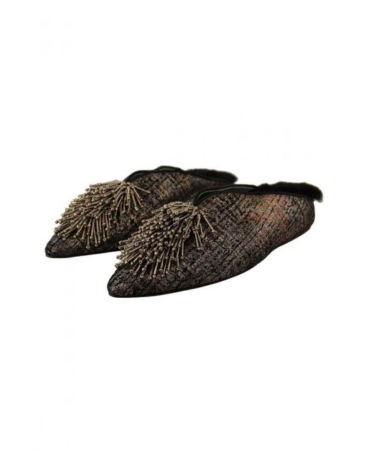 Paola D'arcano Brown Jacquard Leather Embellished Slip On Shoes