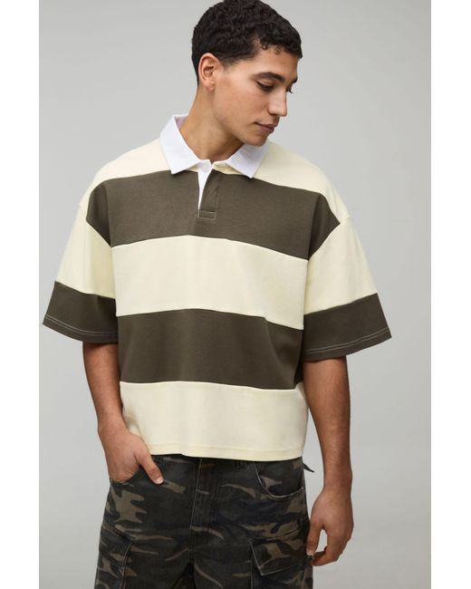 BoohooMAN Natural Oversized Shrunken Stripe Interlock Short Sleeve Rugby Polo for men