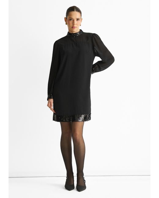 Gini London Black Sequin Trim High Neck Belted Mini Dress